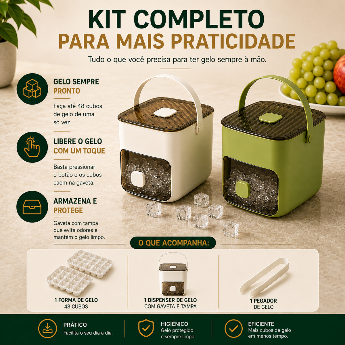 Dispenser de Gelo com Extrator – Chega de Torcer e Bater a Bandeja – Últimas Unidades!