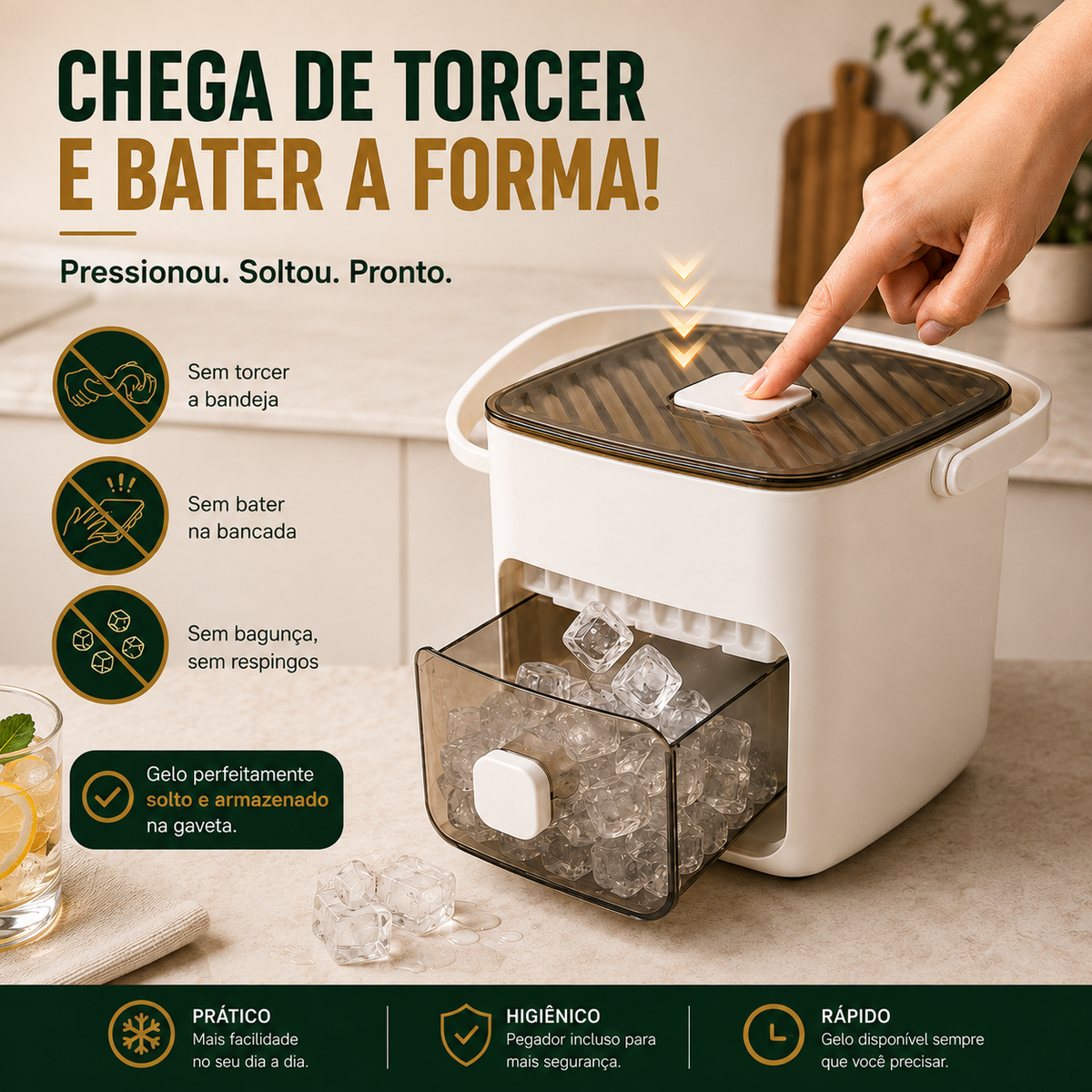 Dispenser de Gelo com Extrator – Chega de Torcer e Bater a Bandeja – Últimas Unidades!