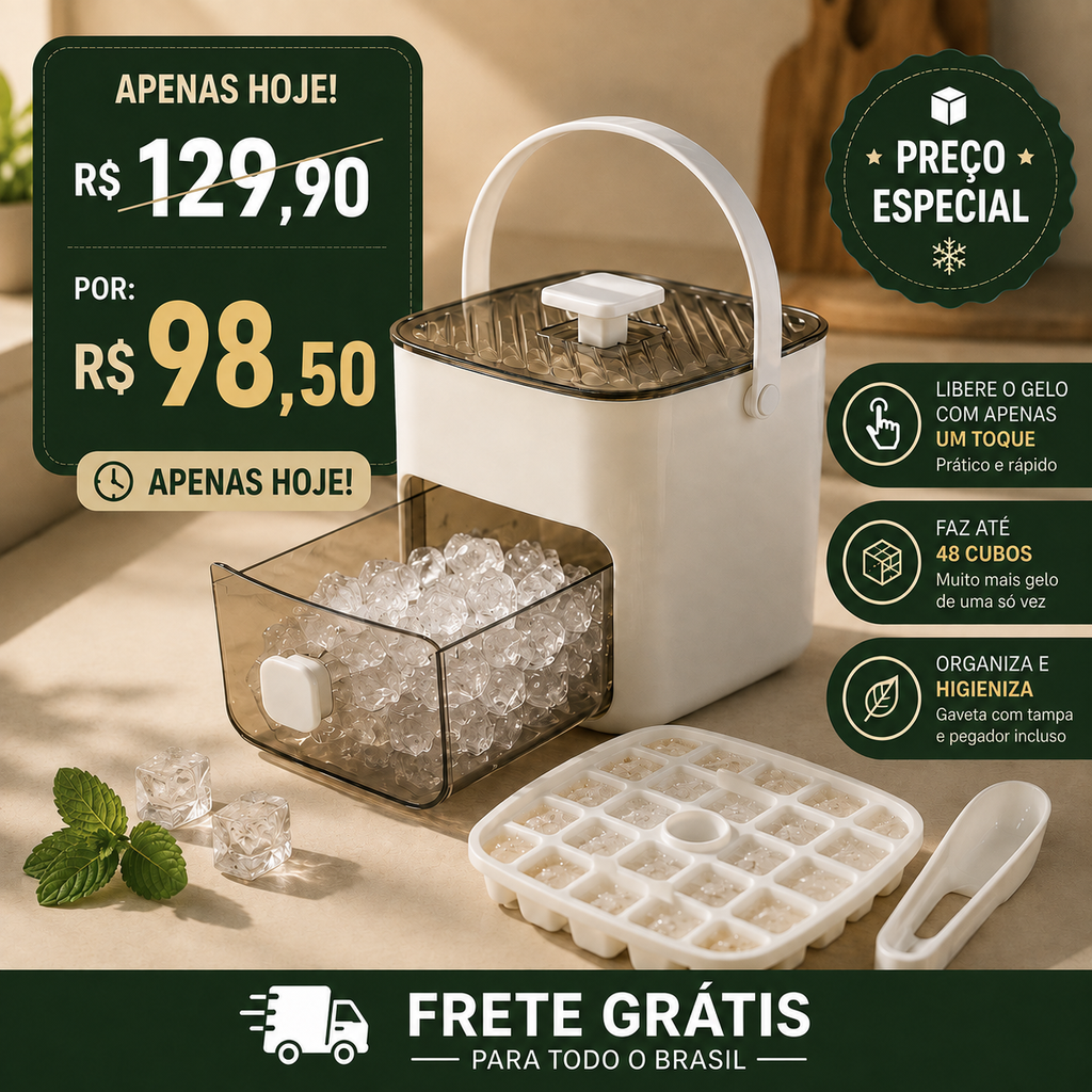 Dispenser de Gelo com Extrator – Chega de Torcer e Bater a Bandeja – Últimas Unidades!