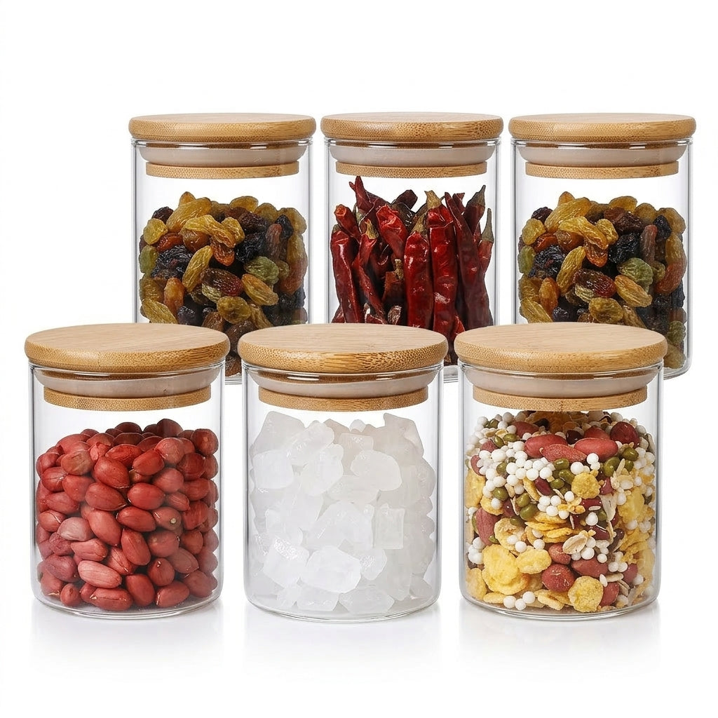 Kit 6 Potes Herméticos de Vidro com Tampa de Bambu 200ml - BambooGlass