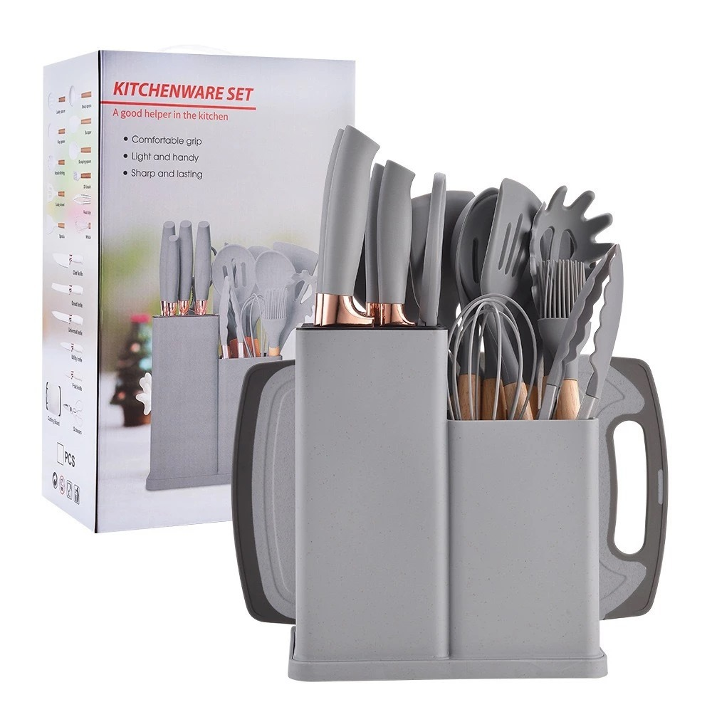 Kit 19 Peças de Utensílios Em Silicone Com Cabo de Madeira