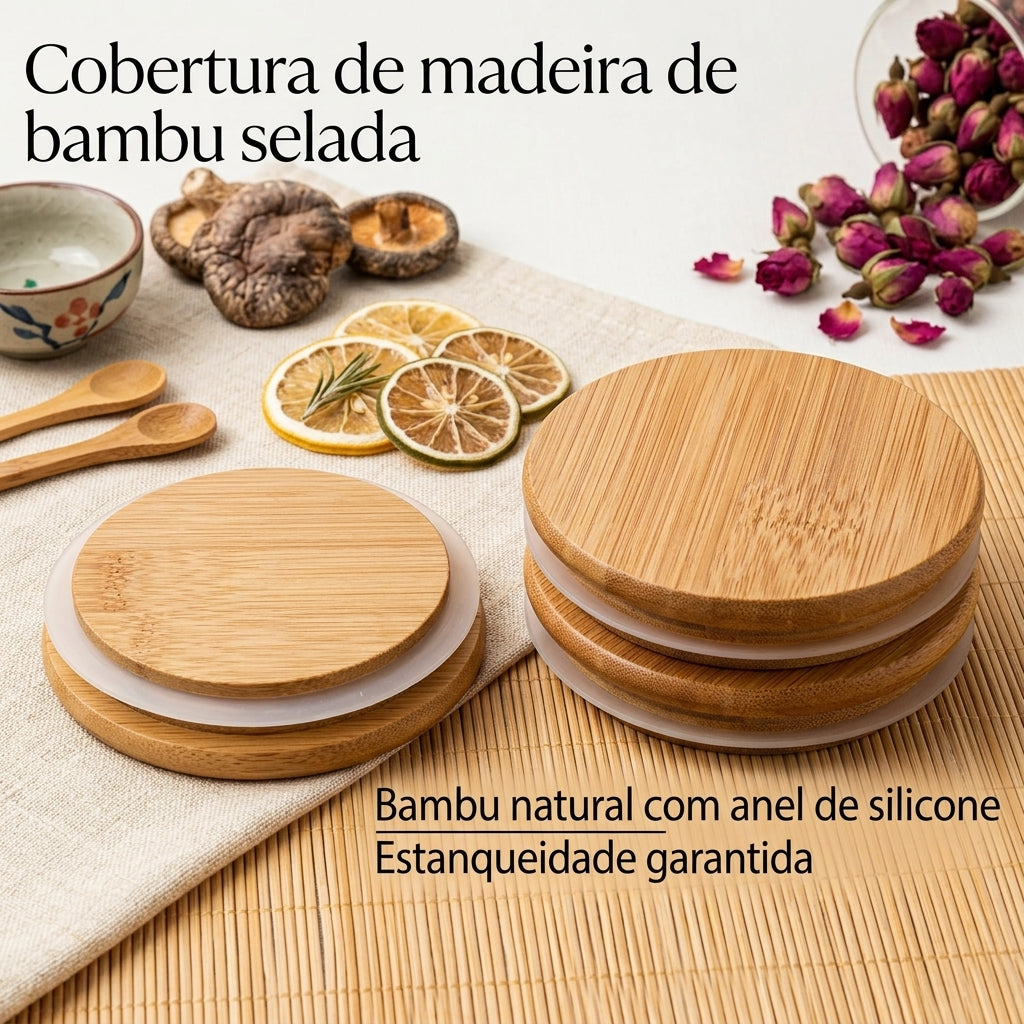 Kit 6 Potes Herméticos de Vidro com Tampa de Bambu 200ml - BambooGlass