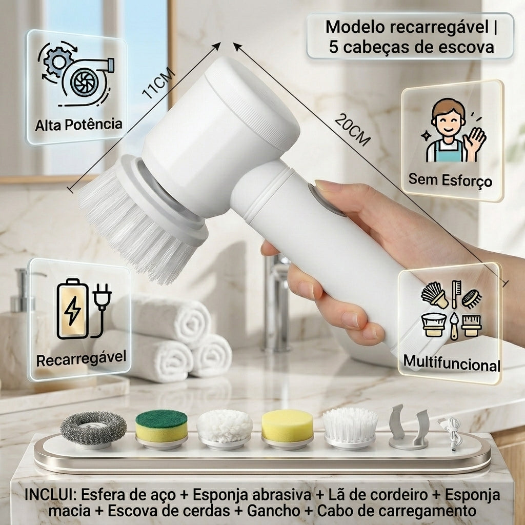 Escova de Limpeza Elétrica 5 em 1 -  PowerClean + FRETE GRÁTIS!
