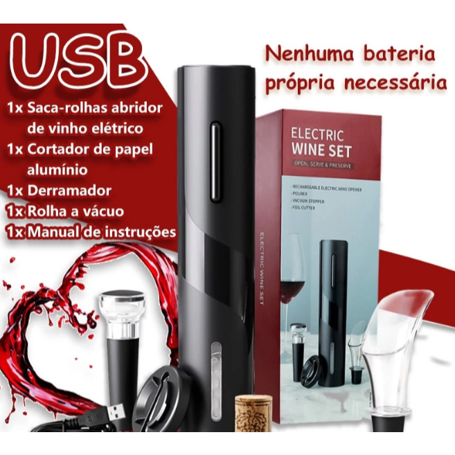 Kit Abridor de Vinho Elétrico 4 em 1