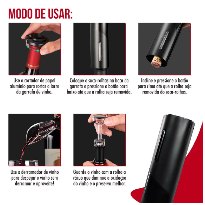 Kit Abridor de Vinho Elétrico 4 em 1